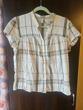 St. John's Bay White Plaid Button-Front Short Sleeve Top Size XL